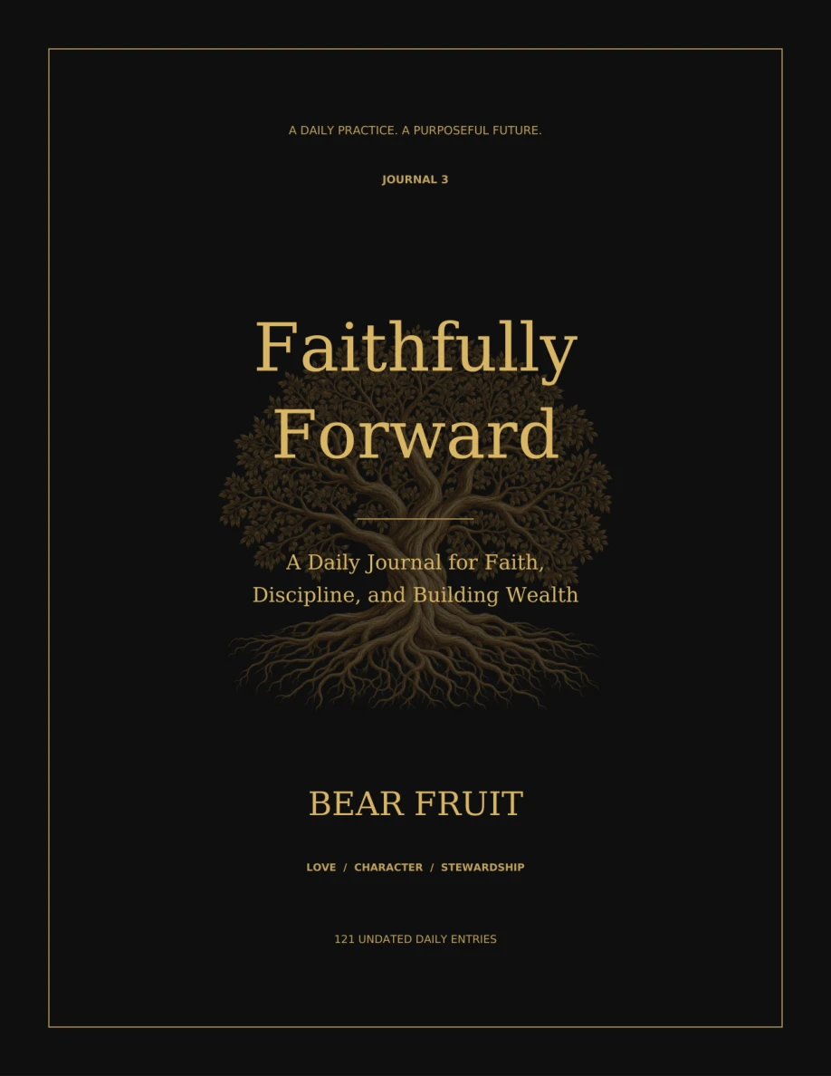 Bear Fruit journal, black cover with gold lettering and a mature tree