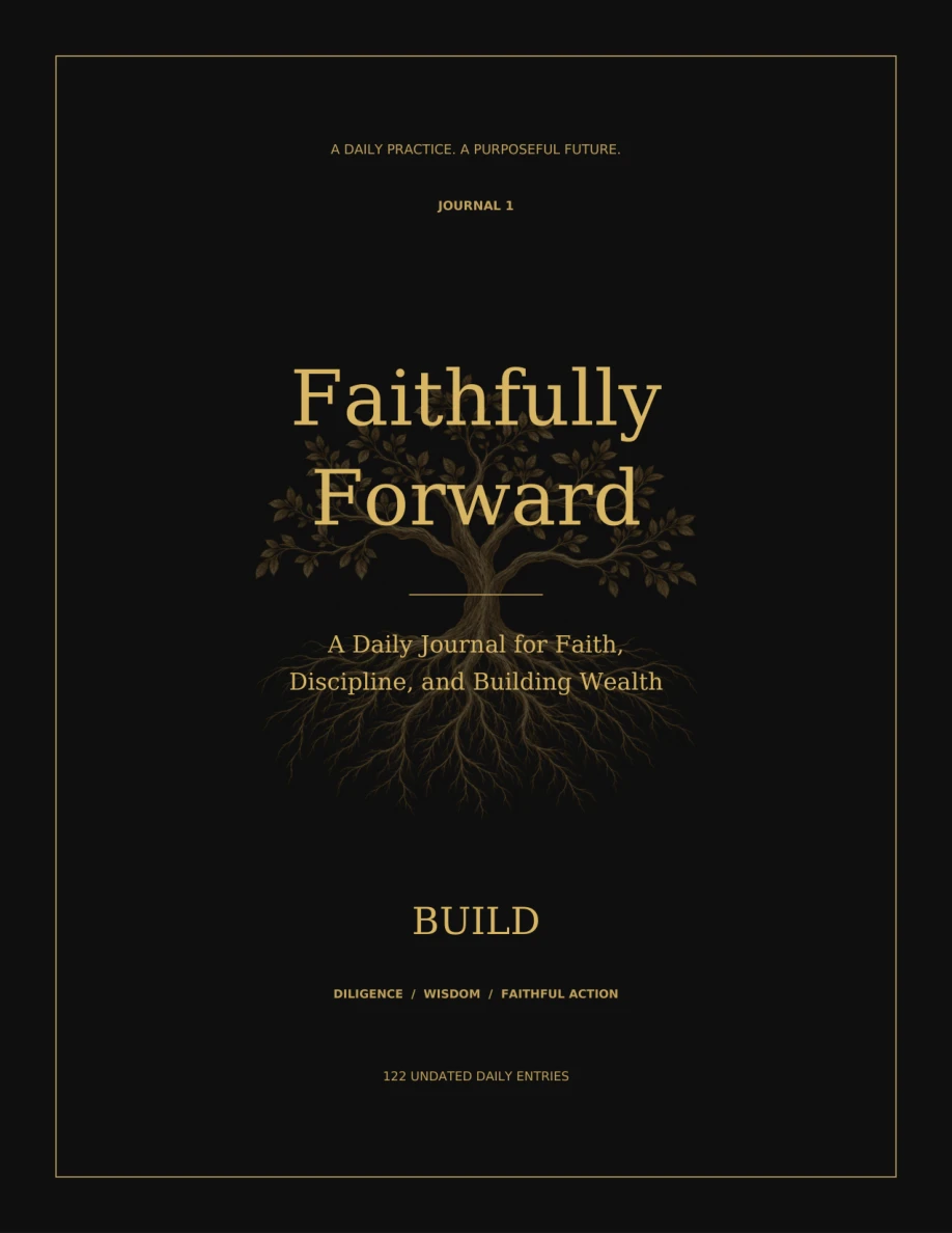 Build journal, black cover with gold lettering and a young rooted tree