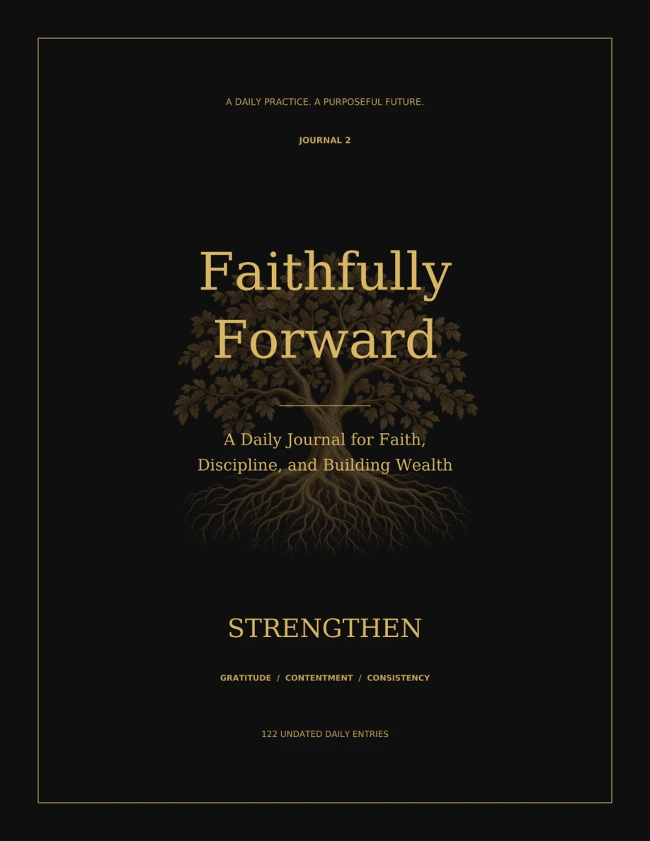 Strengthen journal, black cover with gold lettering and a growing tree